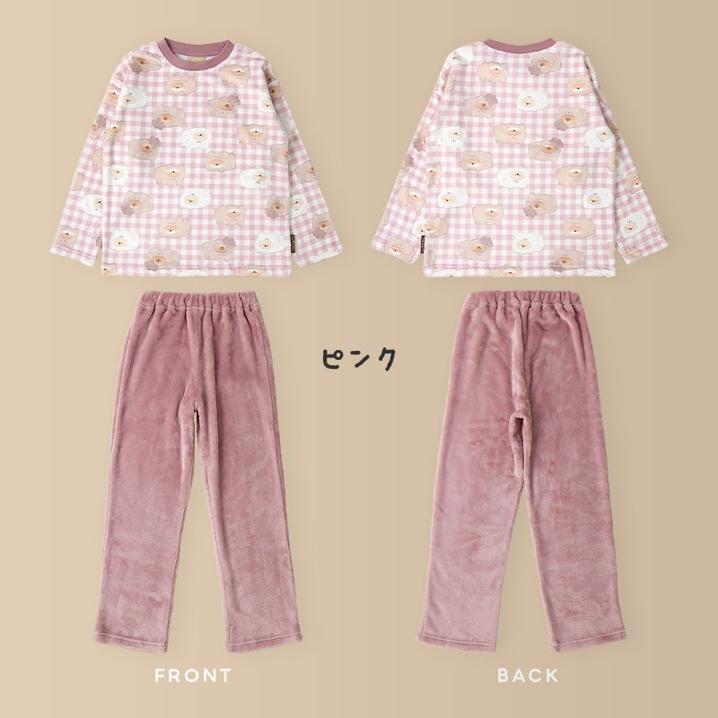 いーすとけん ルームウェア 長袖パジャマ フリース 女の子 キッズ 上下セット ルームウェア パジャマ 子供服 キャラクター アニマル 動物 2点セット カットソー スウェット ロングパンツ ウエストゴム ガールズ 部屋着 120cm 130cm 140cm 150cm 160cm 保温 暖かい チェック