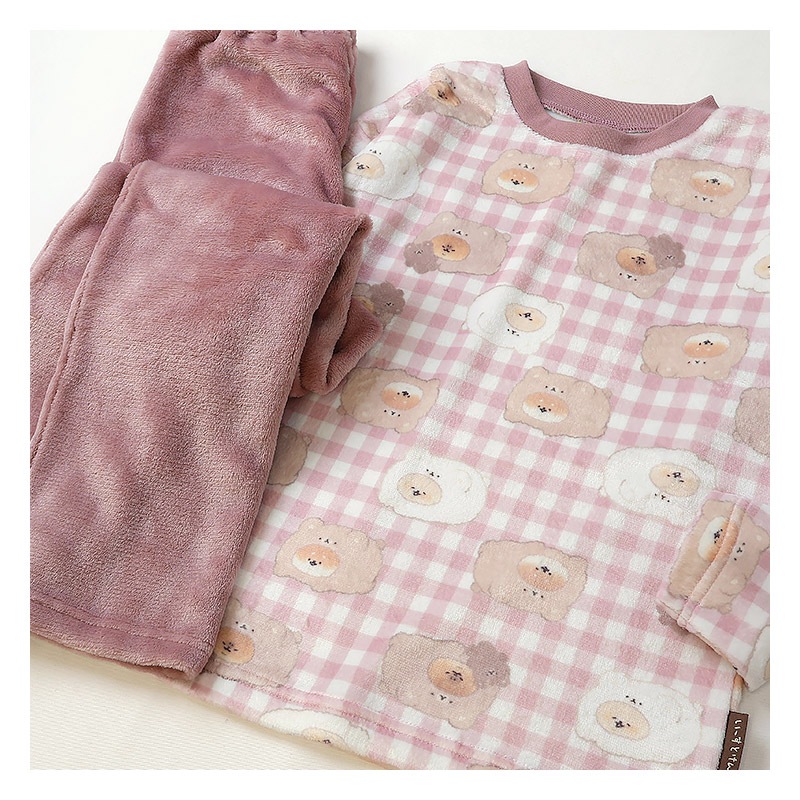 いーすとけん ルームウェア 長袖パジャマ フリース 女の子 キッズ 上下セット ルームウェア パジャマ 子供服 キャラクター アニマル 動物 2点セット カットソー スウェット ロングパンツ ウエストゴム ガールズ 部屋着 120cm 130cm 140cm 150cm 160cm 保温 暖かい チェック