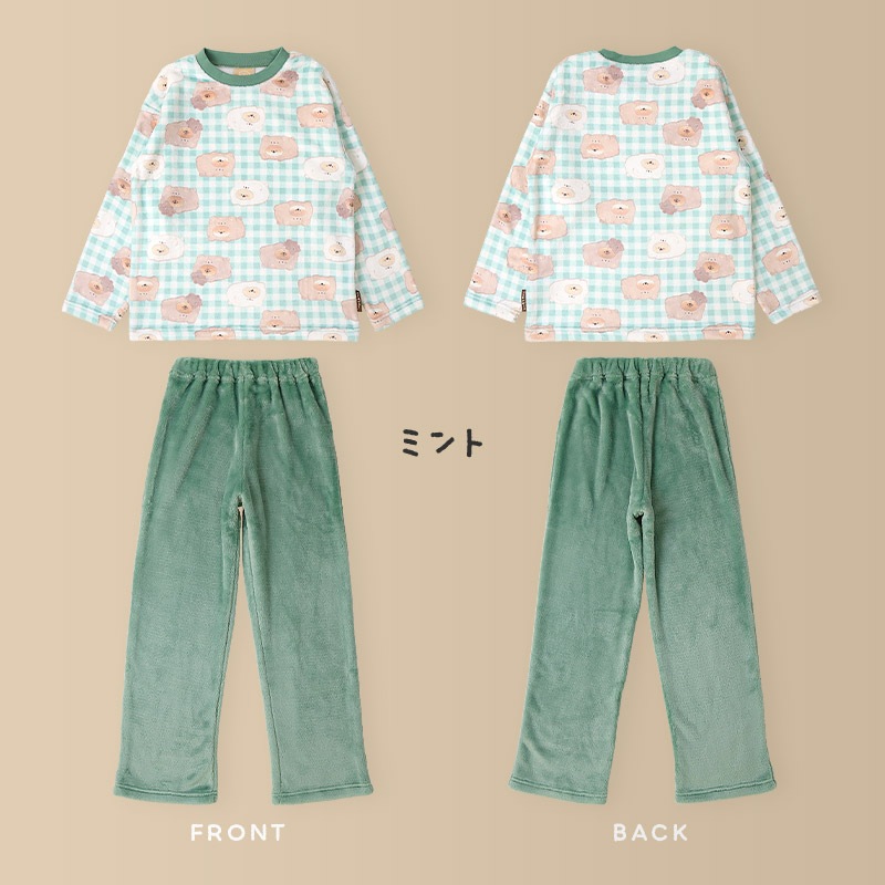 いーすとけん ルームウェア 長袖パジャマ フリース 女の子 キッズ 上下セット ルームウェア パジャマ 子供服 キャラクター アニマル 動物 2点セット カットソー スウェット ロングパンツ ウエストゴム ガールズ 部屋着 120cm 130cm 140cm 150cm 160cm 保温 暖かい チェック