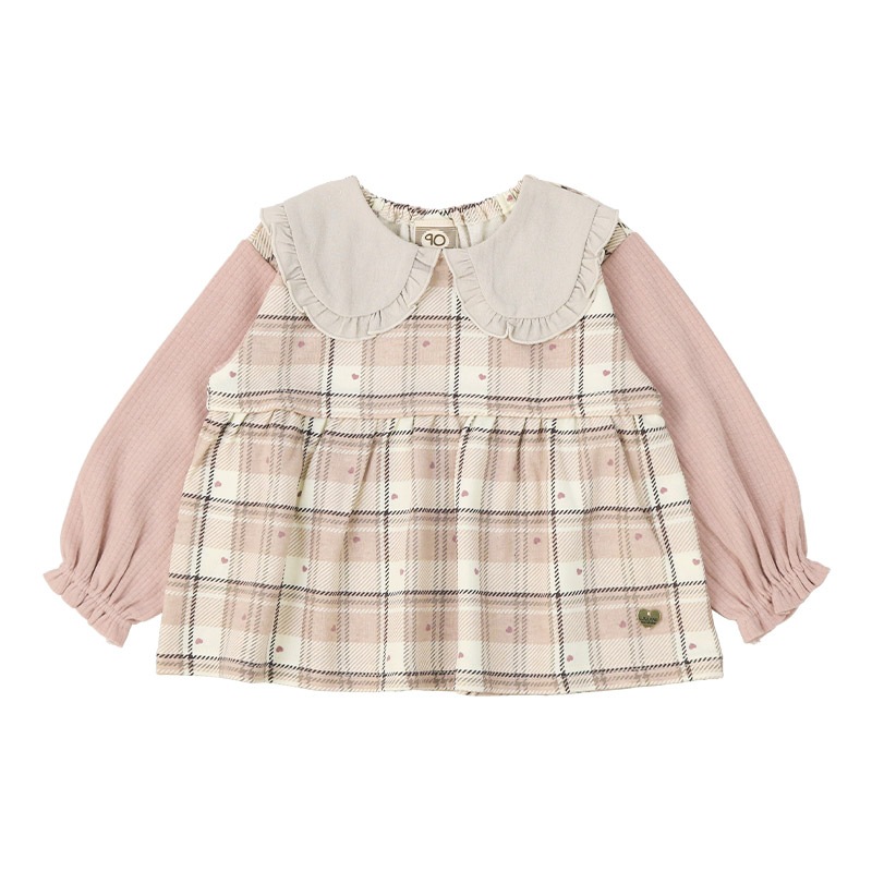 ガールズ ロンT 襟付き ブラウス チェック柄 長袖 Tシャツ ミニ裏毛 テレコ トップス チャーム付き 女の子 キッズ ベビー ( 80-130cm )【 UZULAND ウズランド 】 カットソー チュニック ブラウス 重ね着風 ピンク アイボリー 秋物 80cm 90cm 95cm 100cm 110cm 120cm 130cm