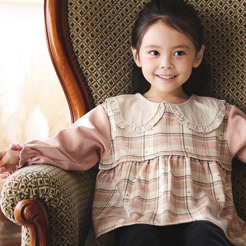 ガールズ ロンT 襟付き ブラウス チェック柄 長袖 Tシャツ ミニ裏毛
