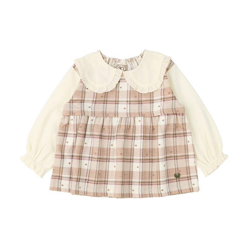ガールズ ロンT 襟付き ブラウス チェック柄 長袖 Tシャツ ミニ裏毛 テレコ トップス チャーム付き 女の子 キッズ ベビー ( 80-130cm )【 UZULAND ウズランド 】 カットソー チュニック ブラウス 重ね着風 ピンク アイボリー 秋物 80cm 90cm 95cm 100cm 110cm 120cm 130cm