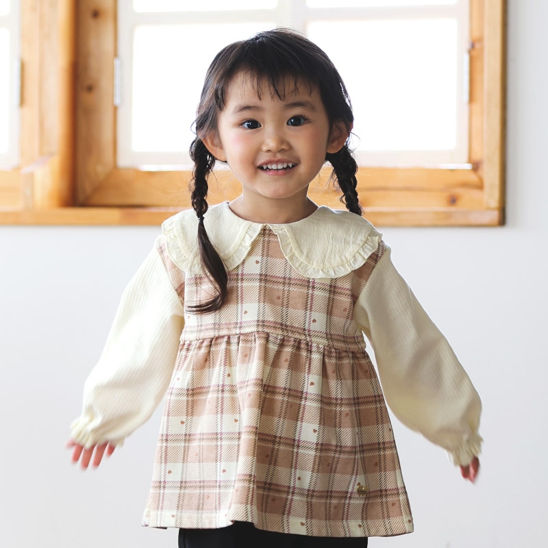 ガールズ ロンT 襟付き ブラウス チェック柄 長袖 Tシャツ ミニ裏毛