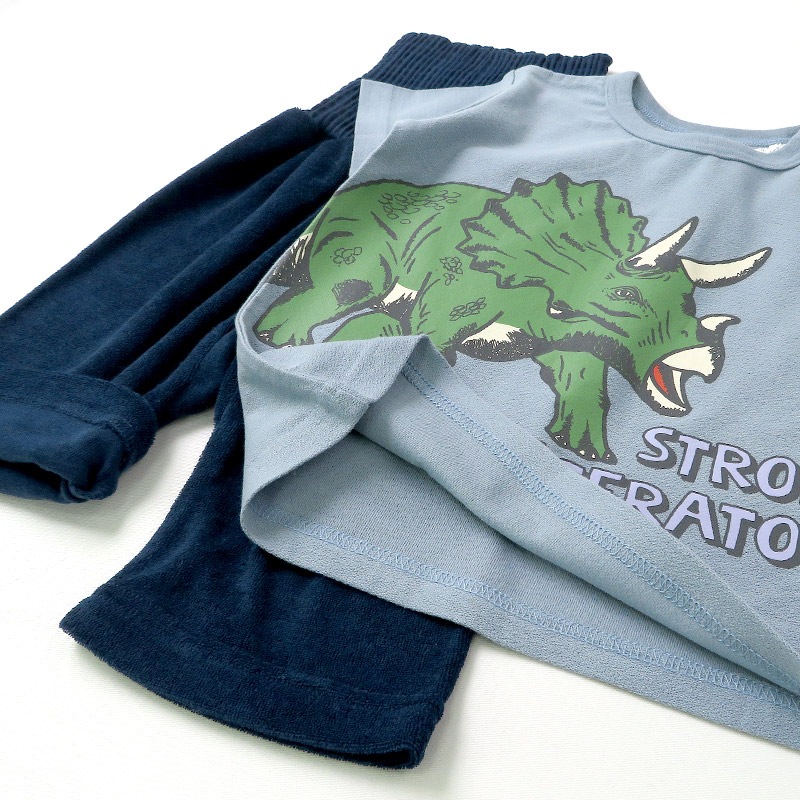 キッズ パジャマ セットアップ 上下セット 2点セット 恐竜 トリケラトプス 梨地天竺 半袖 Tシャツ パイル 腹巻付 7分丈パンツ ( 80-130cm ) 男の子 夏 涼感 ダイナソー 部屋着 ルームウェア 80cm 90cm 95cm 100cm 110cm 120cm 130cm 