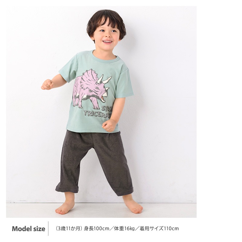 キッズ パジャマ セットアップ 上下セット 2点セット 恐竜 トリケラトプス 梨地天竺 半袖 Tシャツ パイル 腹巻付 7分丈パンツ ( 80-130cm ) 男の子 夏 涼感 ダイナソー 部屋着 ルームウェア 80cm 90cm 95cm 100cm 110cm 120cm 130cm 