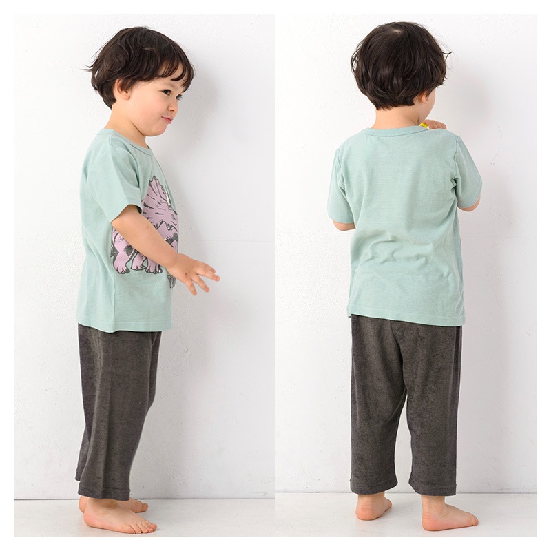 キッズ パジャマ セットアップ 上下セット 2点セット 恐竜 トリケラトプス 梨地天竺 半袖 Tシャツ パイル 腹巻付 7分丈パンツ ( 80-130cm ) 男の子 夏 涼感 ダイナソー 部屋着 ルームウェア 80cm 90cm 95cm 100cm 110cm 120cm 130cm 