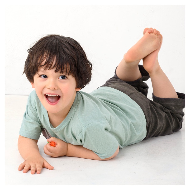 キッズ パジャマ セットアップ 上下セット 2点セット 恐竜 トリケラトプス 梨地天竺 半袖 Tシャツ パイル 腹巻付 7分丈パンツ ( 80-130cm ) 男の子 夏 涼感 ダイナソー 部屋着 ルームウェア 80cm 90cm 95cm 100cm 110cm 120cm 130cm 