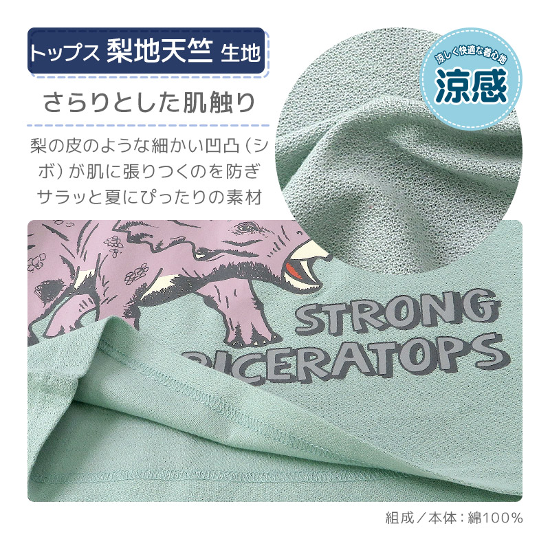 キッズ パジャマ セットアップ 上下セット 2点セット 恐竜 トリケラトプス 梨地天竺 半袖 Tシャツ パイル 腹巻付 7分丈パンツ ( 80-130cm ) 男の子 夏 涼感 ダイナソー 部屋着 ルームウェア 80cm 90cm 95cm 100cm 110cm 120cm 130cm 