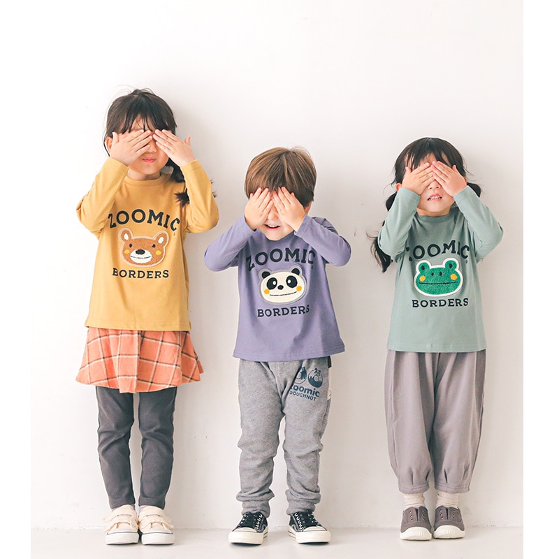 子供服 ロンT トップス ズーミック サガラ刺繍 天竺 長袖 Tシャツ ( 80-130cm)【ZOOMIC】 男の子 男子 女の子 女子 キッズ ベビー くま パンダ カエル かわいい おしゃれ 秋物 ブランド 80cm 90cm 95cm 100cm 110cm 120cm 130cm