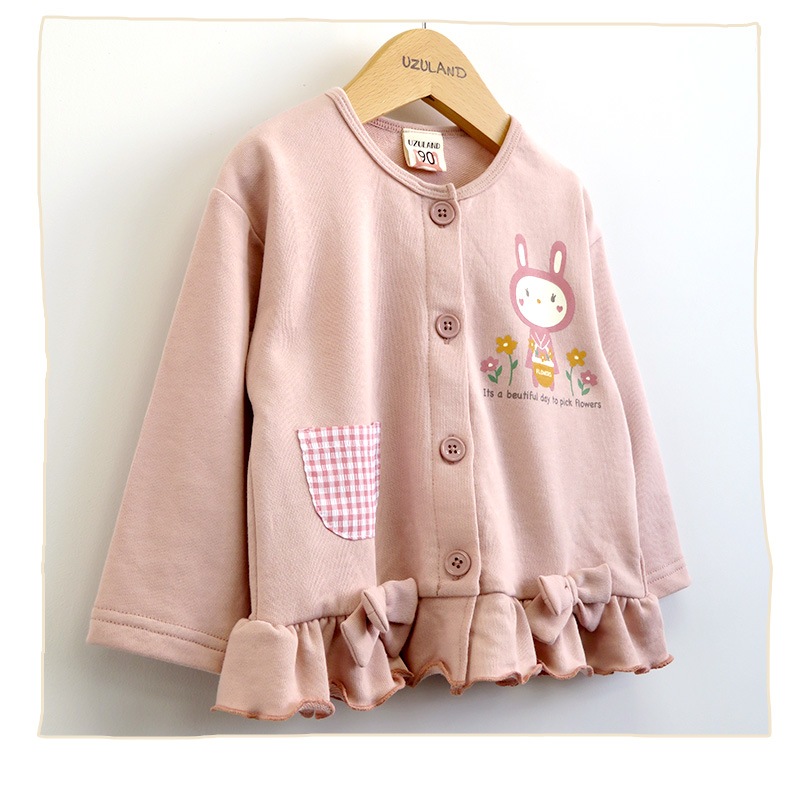 子供服 カーディガン アウター うさぎ 干支 フリル リボン 切替 長袖 ( 80-130cm )【 UZURABBIT 】 キッズ ベビー 女の子 かわいい おしゃれ ウズラビ アニマル 動物 卯年 通園 通学 春 新作 春物 80 90 95 100 110 120 130