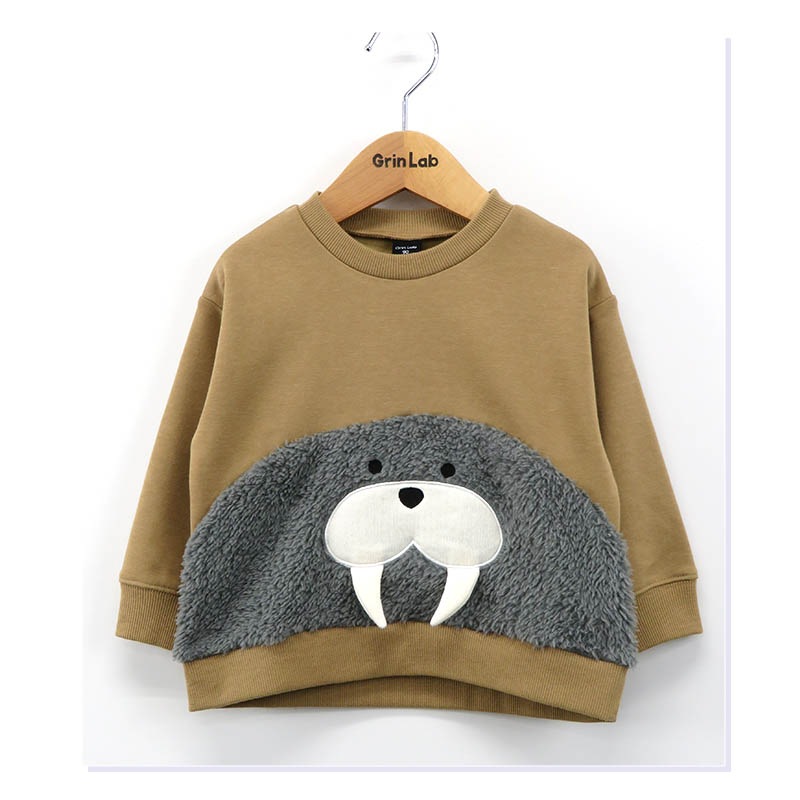 キッズ トレーナー 裏起毛 もこもこ どうぶつ 顔 子供服 長袖 男の子 女の子 トップス 裏シャギー ( 80-95cm )【 GrinLab グリンラボ 】 ユニセックス かわいい クマ トラ ゾウ アニマル 冬服 スウェット ベビー服 80 90 95 