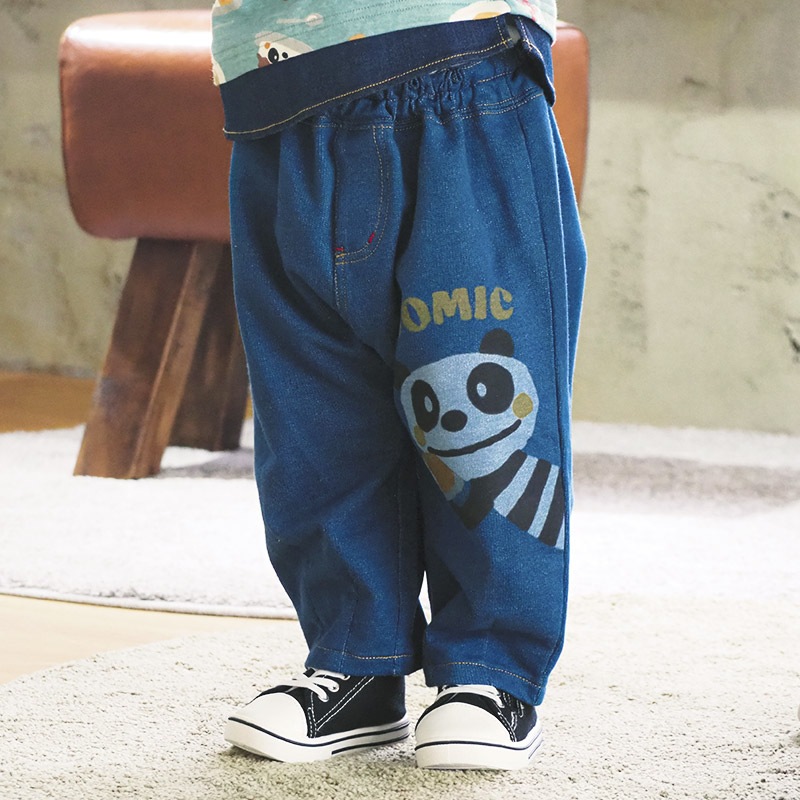 キッズ ロングパンツ 10分丈 男の子 女の子 ニットデニム 動物 アニマル くま パンダ 男の子 女の子 (80-130cm)【 ZOOMIC ズーミック 】 ベビー ズボン ポケット付き ストレッチ オムライス カレーライス 食べ物 洋食 プリント 80cm 90cm 95cm 100cm 110cm 120cm 130cm