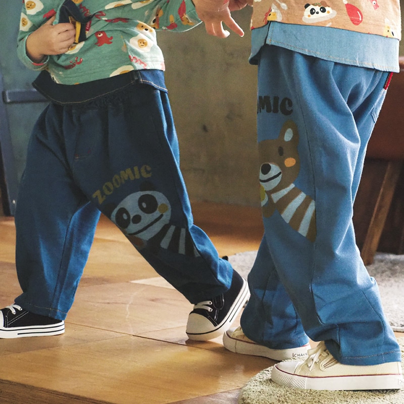 キッズ ロングパンツ 10分丈 男の子 女の子 ニットデニム 動物