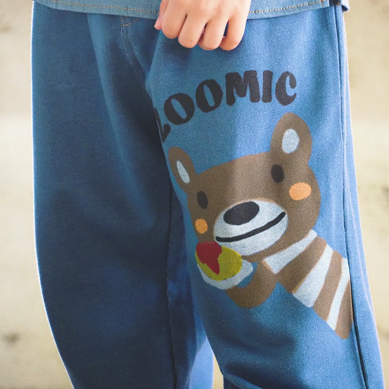 キッズ ロングパンツ 10分丈 男の子 女の子 ニットデニム 動物 アニマル くま パンダ 男の子 女の子 (80-130cm)【 ZOOMIC ズーミック 】 ベビー ズボン ポケット付き ストレッチ オムライス カレーライス 食べ物 洋食 プリント 80cm 90cm 95cm 100cm 110cm 120cm 130cm