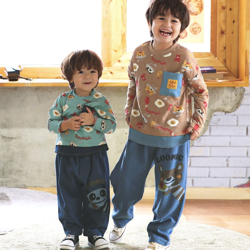 キッズ ロングパンツ 10分丈 男の子 女の子 ニットデニム 動物 アニマル くま パンダ 男の子 女の子 (80-130cm)【 ZOOMIC ズーミック 】 ベビー ズボン ポケット付き ストレッチ オムライス カレーライス 食べ物 洋食 プリント 80cm 90cm 95cm 100cm 110cm 120cm 130cm