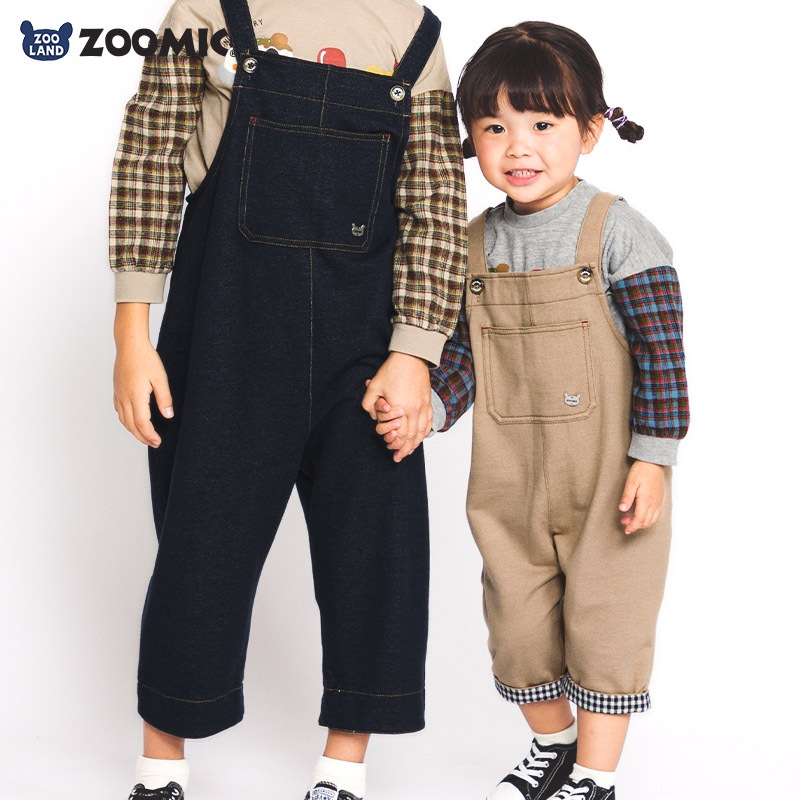 キッズ サロペット オーバーオール ニットデニム 男の子 女の子 ベビー ( 80-130cm )【 ZOOMIC ズーミック 】 裾チェック 切替 ボトムス パンツ アウター オールインワン フロントポケット インディゴ ネイビー ベージュ 秋物 80cm 90cm 95cm 100cm 110cm 120cm 130cm