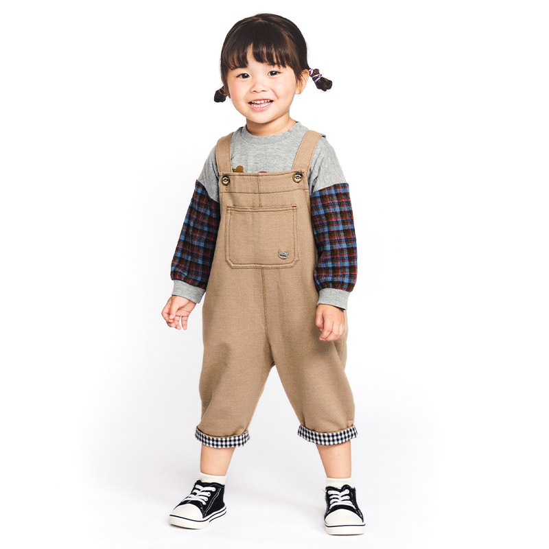 キッズ サロペット オーバーオール ニットデニム 男の子 女の子 ベビー ( 80-130cm )【 ZOOMIC ズーミック 】 裾チェック 切替 ボトムス パンツ アウター オールインワン フロントポケット インディゴ ネイビー ベージュ 秋物 80cm 90cm 95cm 100cm 110cm 120cm 130cm