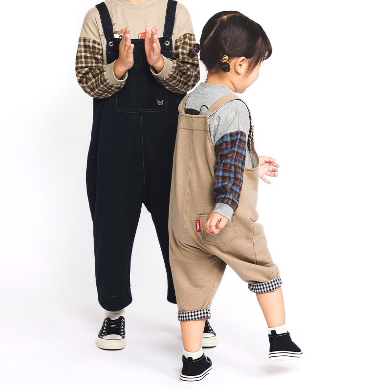 キッズ サロペット オーバーオール ニットデニム 男の子 女の子 ベビー ( 80-130cm )【 ZOOMIC ズーミック 】 裾チェック 切替 ボトムス パンツ アウター オールインワン フロントポケット インディゴ ネイビー ベージュ 秋物 80cm 90cm 95cm 100cm 110cm 120cm 130cm