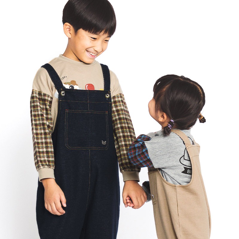 キッズ サロペット オーバーオール ニットデニム 男の子 女の子 ベビー ( 80-130cm )【 ZOOMIC ズーミック 】 裾チェック 切替 ボトムス パンツ アウター オールインワン フロントポケット インディゴ ネイビー ベージュ 秋物 80cm 90cm 95cm 100cm 110cm 120cm 130cm