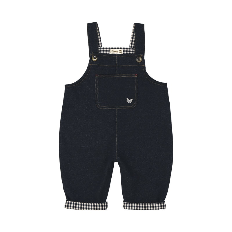キッズ サロペット オーバーオール ニットデニム 男の子 女の子 ベビー ( 80-130cm )【 ZOOMIC ズーミック 】 裾チェック 切替 ボトムス パンツ アウター オールインワン フロントポケット インディゴ ネイビー ベージュ 秋物 80cm 90cm 95cm 100cm 110cm 120cm 130cm