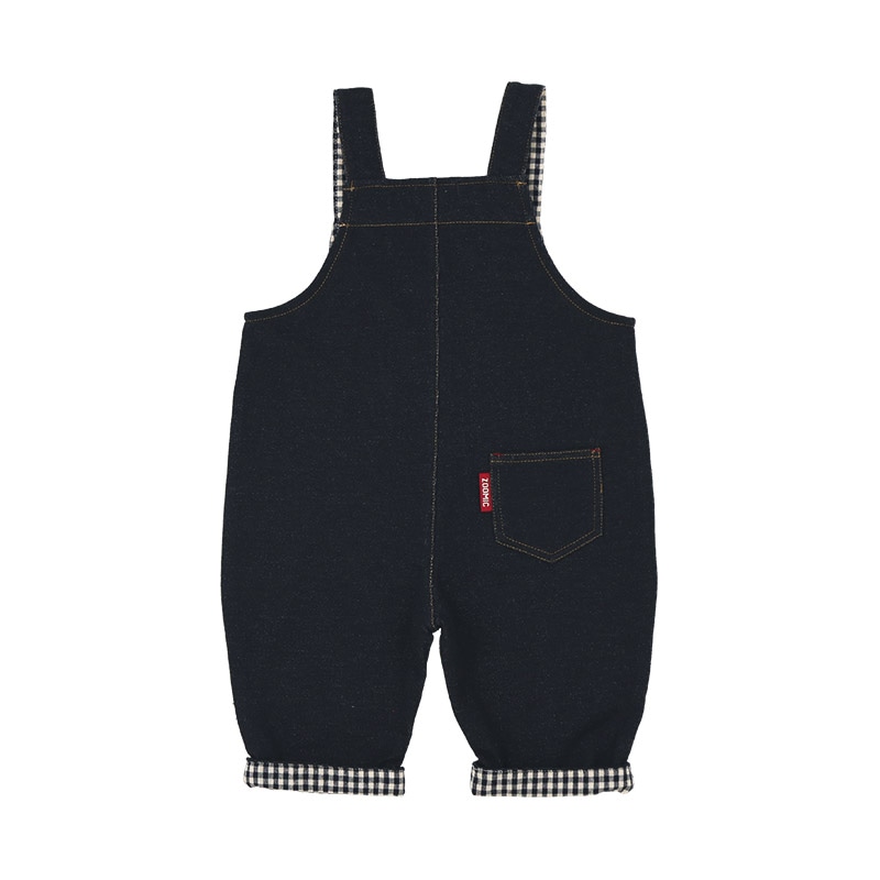 キッズ サロペット オーバーオール ニットデニム 男の子 女の子 ベビー ( 80-130cm )【 ZOOMIC ズーミック 】 裾チェック 切替 ボトムス パンツ アウター オールインワン フロントポケット インディゴ ネイビー ベージュ 秋物 80cm 90cm 95cm 100cm 110cm 120cm 130cm