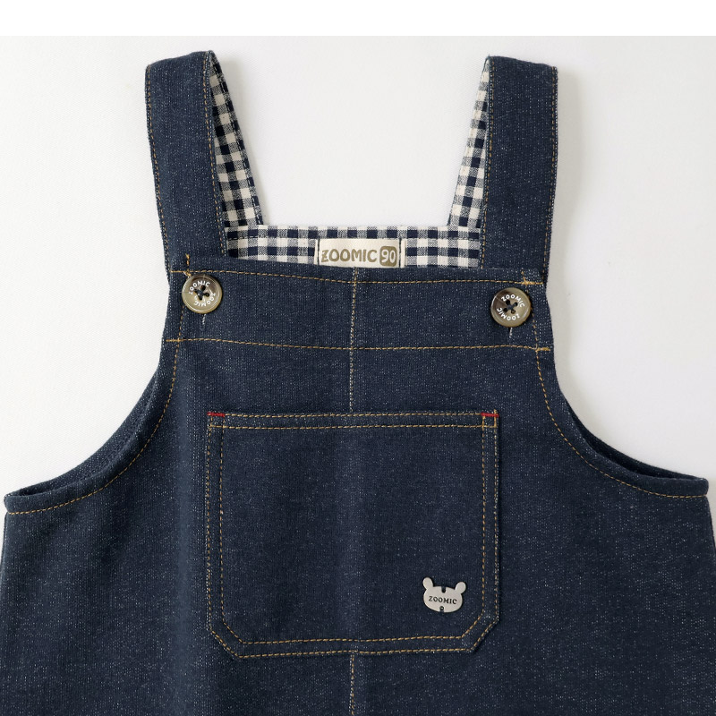 キッズ サロペット オーバーオール ニットデニム 男の子 女の子 ベビー ( 80-130cm )【 ZOOMIC ズーミック 】 裾チェック 切替 ボトムス パンツ アウター オールインワン フロントポケット インディゴ ネイビー ベージュ 秋物 80cm 90cm 95cm 100cm 110cm 120cm 130cm