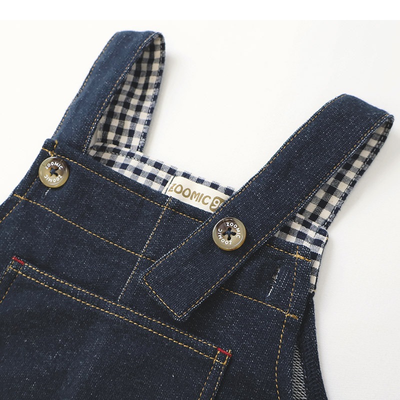 キッズ サロペット オーバーオール ニットデニム 男の子 女の子 ベビー ( 80-130cm )【 ZOOMIC ズーミック 】 裾チェック 切替 ボトムス パンツ アウター オールインワン フロントポケット インディゴ ネイビー ベージュ 秋物 80cm 90cm 95cm 100cm 110cm 120cm 130cm