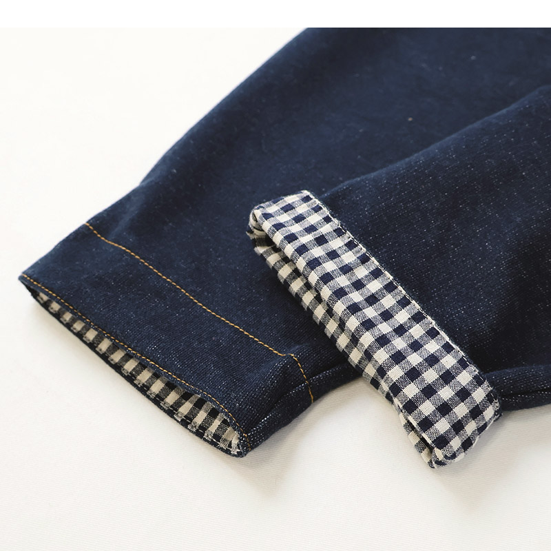 キッズ サロペット オーバーオール ニットデニム 男の子 女の子 ベビー ( 80-130cm )【 ZOOMIC ズーミック 】 裾チェック 切替 ボトムス パンツ アウター オールインワン フロントポケット インディゴ ネイビー ベージュ 秋物 80cm 90cm 95cm 100cm 110cm 120cm 130cm