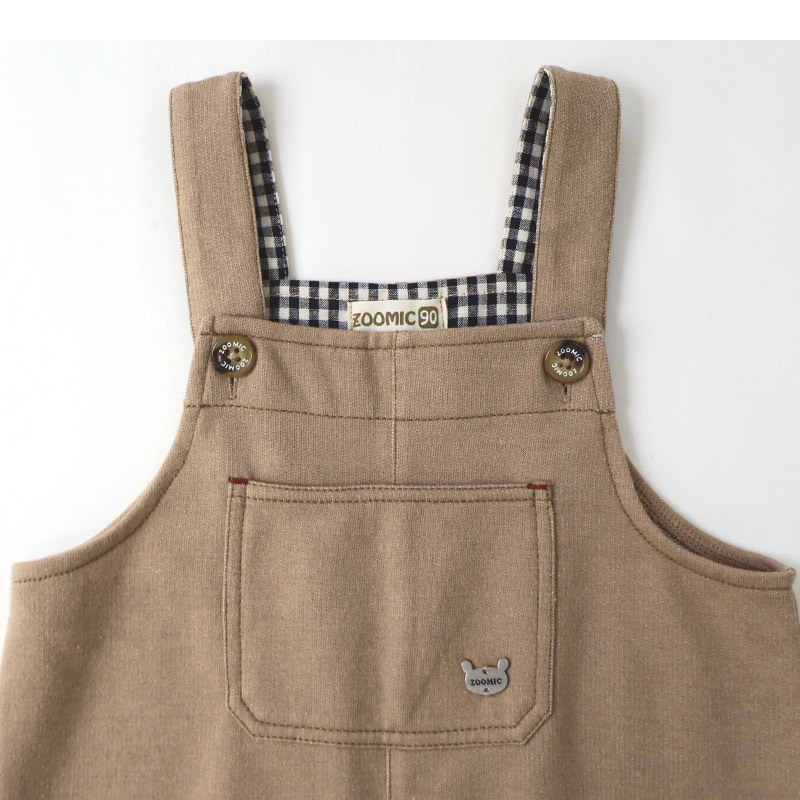 キッズ サロペット オーバーオール ニットデニム 男の子 女の子 ベビー ( 80-130cm )【 ZOOMIC ズーミック 】 裾チェック 切替 ボトムス パンツ アウター オールインワン フロントポケット インディゴ ネイビー ベージュ 秋物 80cm 90cm 95cm 100cm 110cm 120cm 130cm