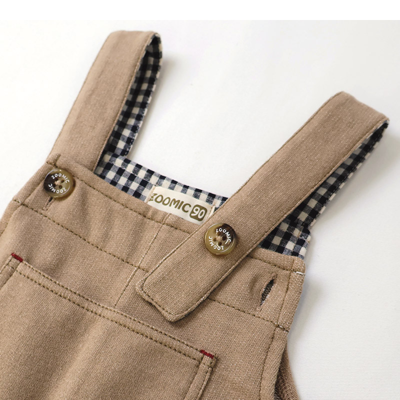 キッズ サロペット オーバーオール ニットデニム 男の子 女の子 ベビー ( 80-130cm )【 ZOOMIC ズーミック 】 裾チェック 切替 ボトムス パンツ アウター オールインワン フロントポケット インディゴ ネイビー ベージュ 秋物 80cm 90cm 95cm 100cm 110cm 120cm 130cm