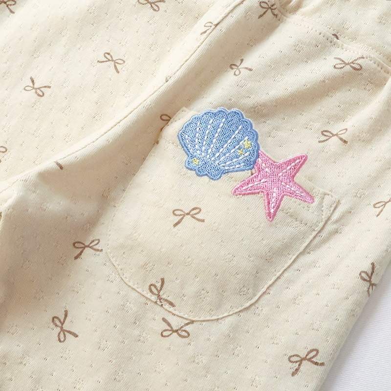 ガールズ ハーフパンツ 5分丈 レース 半ズボン 女の子 ポケット付【UZULAND ウズランド】キッズ ベビー 短パン ジャカード 裾 ウエストゴム デザイン 伸縮 ストレッチ カジュアル ベージュ サックス 可愛い かわいい 80 90 95 100 110 120 130