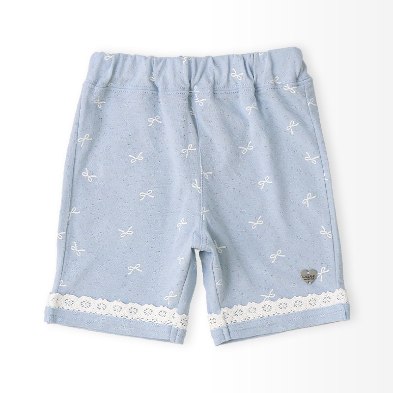 ガールズ ハーフパンツ 5分丈 レース 半ズボン 女の子 ポケット付【UZULAND ウズランド】キッズ ベビー 短パン ジャカード 裾 ウエストゴム デザイン 伸縮 ストレッチ カジュアル ベージュ サックス 可愛い かわいい 80 90 95 100 110 120 130