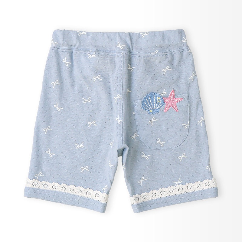 ガールズ ハーフパンツ 5分丈 レース 半ズボン 女の子 ポケット付【UZULAND ウズランド】キッズ ベビー 短パン ジャカード 裾 ウエストゴム デザイン 伸縮 ストレッチ カジュアル ベージュ サックス 可愛い かわいい 80 90 95 100 110 120 130