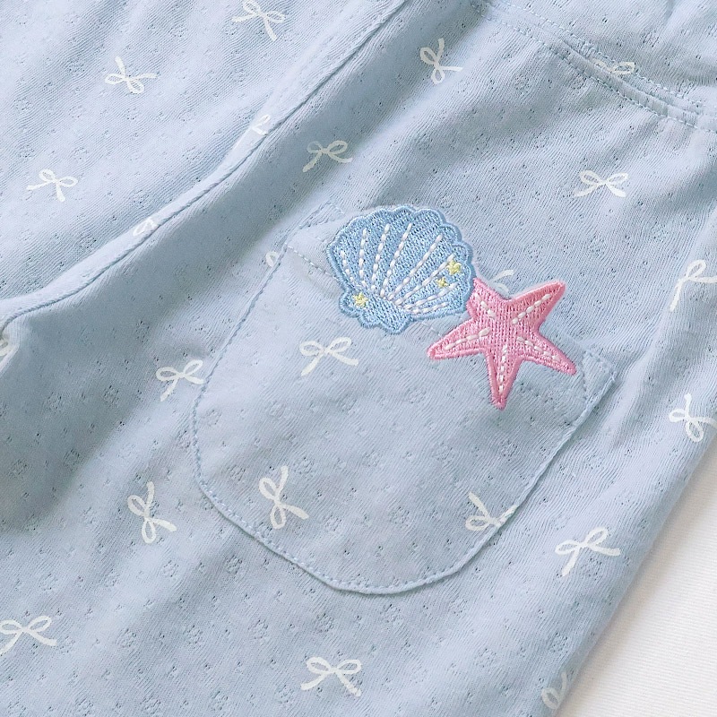 ガールズ ハーフパンツ 5分丈 レース 半ズボン 女の子 ポケット付【UZULAND ウズランド】キッズ ベビー 短パン ジャカード 裾 ウエストゴム デザイン 伸縮 ストレッチ カジュアル ベージュ サックス 可愛い かわいい 80 90 95 100 110 120 130