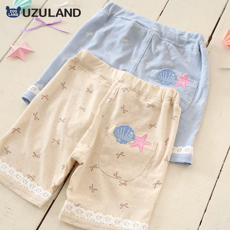 ガールズ ハーフパンツ 5分丈 レース 半ズボン 女の子 ポケット付【UZULAND ウズランド】キッズ ベビー 短パン ジャカード 裾 ウエストゴム デザイン 伸縮 ストレッチ カジュアル ベージュ サックス 可愛い かわいい 80 90 95 100 110 120 130