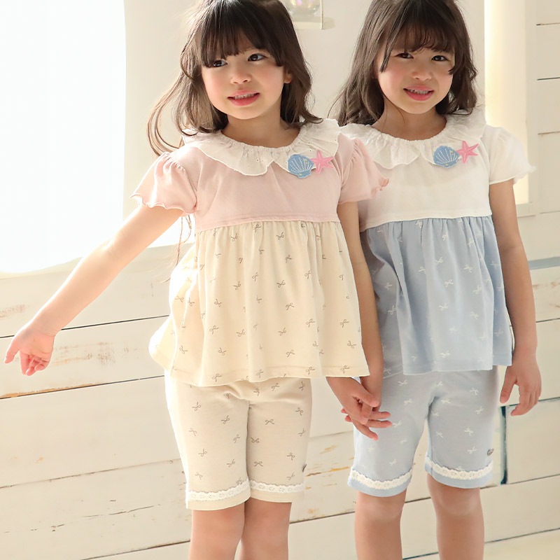 ガールズ ハーフパンツ 5分丈 レース 半ズボン 女の子 ポケット付【UZULAND ウズランド】キッズ ベビー 短パン ジャカード 裾 ウエストゴム デザイン 伸縮 ストレッチ カジュアル ベージュ サックス 可愛い かわいい 80 90 95 100 110 120 130