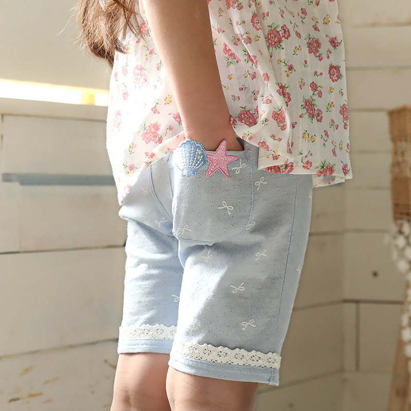 ガールズ ハーフパンツ 5分丈 レース 半ズボン 女の子 ポケット付【UZULAND ウズランド】キッズ ベビー 短パン ジャカード 裾 ウエストゴム デザイン 伸縮 ストレッチ カジュアル ベージュ サックス 可愛い かわいい 80 90 95 100 110 120 130