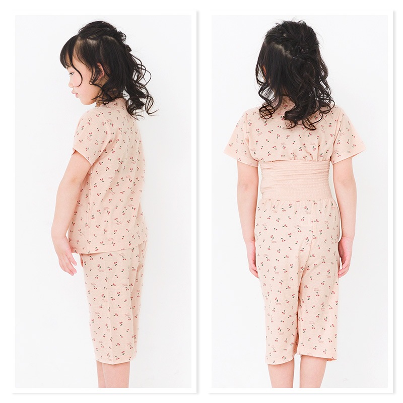 ルームウェア 女の子 子供 半袖 前開き腹巻付 ( 80-130cm ) 綿100% 梨地天竺 7分丈パンツ 2点セット パジャマ 上下セット