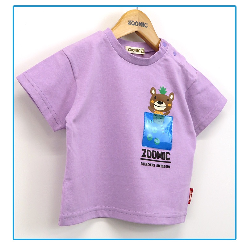 キッズ Tシャツ レトロポップ 半袖 男の子 女の子 トップス ブルー パープル 【 ZOOMIC ズーミック 】 子供服 ベビー服 切替 胸ポケット バックプリント かわいい くま パンダ パイン キャラクター 80cm 90cm 95cm 100cm 110cm 120cm 130cm