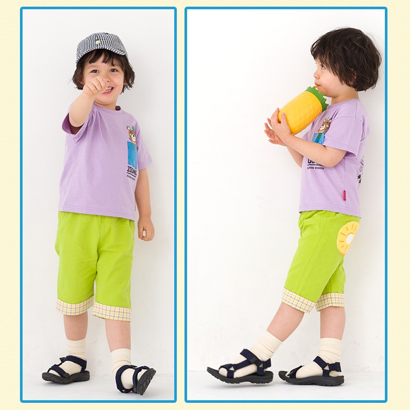 キッズ Tシャツ レトロポップ 半袖 男の子 女の子 トップス ブルー パープル 【 ZOOMIC ズーミック 】 子供服 ベビー服 切替 胸ポケット バックプリント かわいい くま パンダ パイン キャラクター 80cm 90cm 95cm 100cm 110cm 120cm 130cm