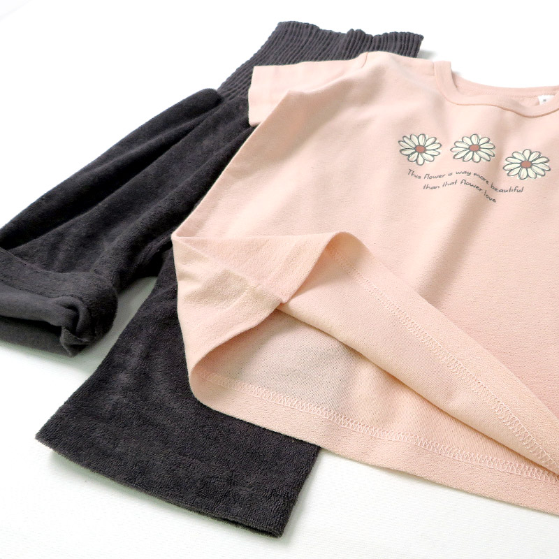 キッズ パジャマ セットアップ 上下セット 2点セット フラワー 梨地天竺 半袖 Tシャツ パイル 腹巻付 7分丈パンツ ( 80-130cm ) ナイトウェア 女の子 夏 涼感 子供服 ベビー 部屋着 ルームウェア 80cm 90cm 95cm 100cm 110cm 120cm 130cm 