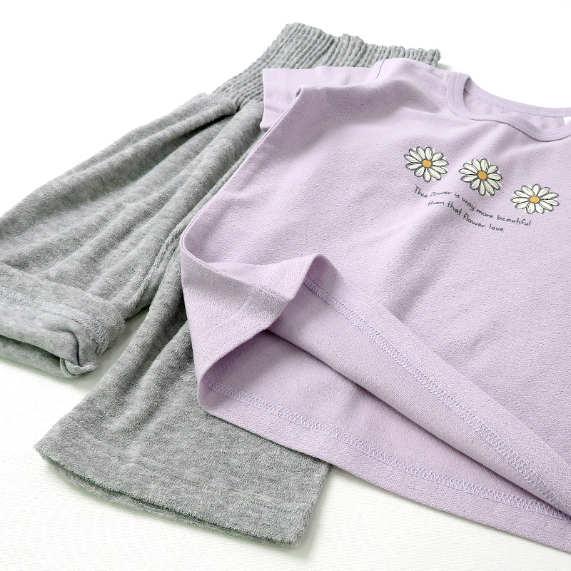 キッズ パジャマ セットアップ 上下セット 2点セット フラワー 梨地天竺 半袖 Tシャツ パイル 腹巻付 7分丈パンツ ( 80-130cm ) ナイトウェア 女の子 夏 涼感 子供服 ベビー 部屋着 ルームウェア 80cm 90cm 95cm 100cm 110cm 120cm 130cm 