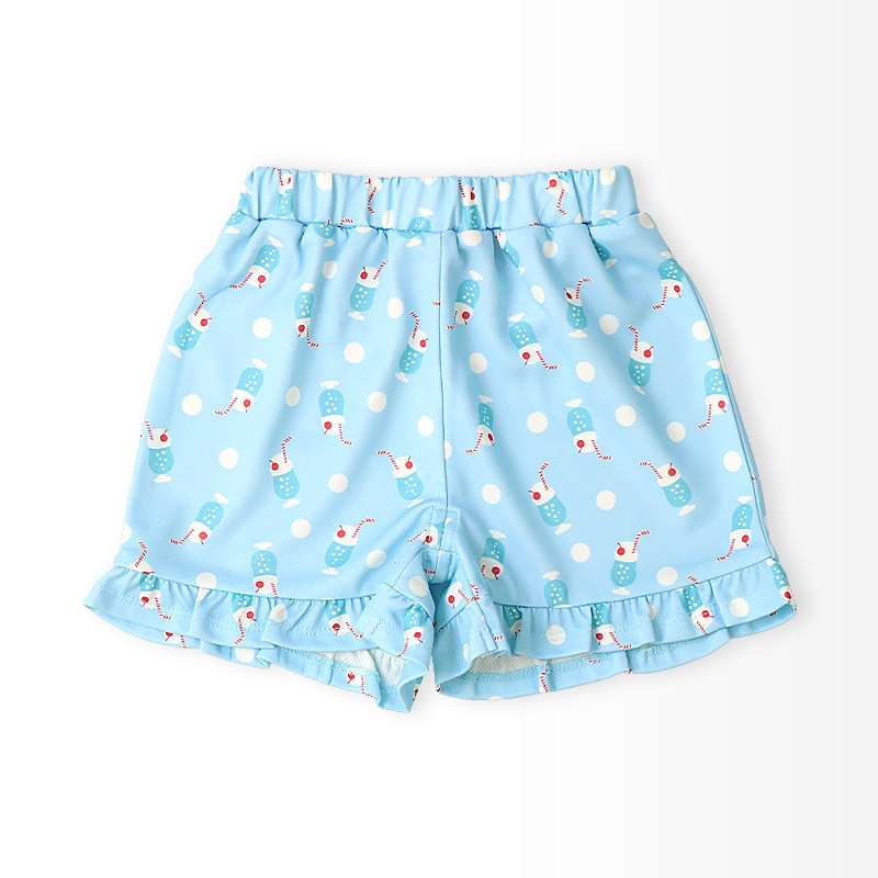 キッズ ショートパンツ メッシュ 女の子 接触冷感 涼しい イージーパンツ 【GrinLab グリンラボ】 ベビー ハーフパンツ ズボン ボトムス ショーツ フリル裾 総柄 クリームソーダ スイーツ 食べ物 たべもの 伸縮 ウエストゴム ストレッチ 女児 80 90 95 100 110 120 130
