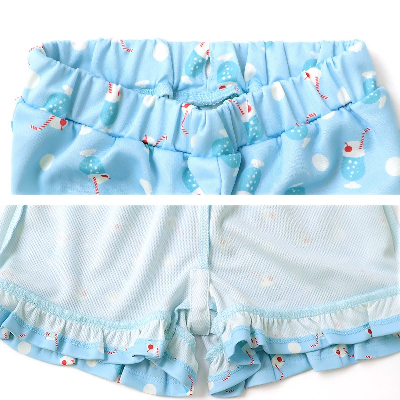 キッズ ショートパンツ メッシュ 女の子 接触冷感 涼しい イージーパンツ 【GrinLab グリンラボ】 ベビー ハーフパンツ ズボン ボトムス ショーツ フリル裾 総柄 クリームソーダ スイーツ 食べ物 たべもの 伸縮 ウエストゴム ストレッチ 女児 80 90 95 100 110 120 130