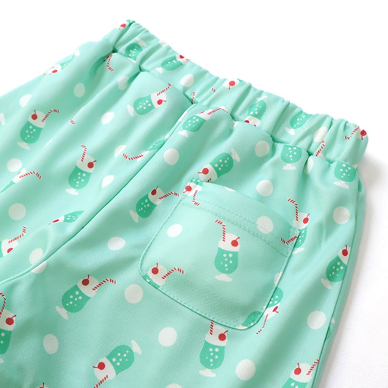 キッズ ショートパンツ メッシュ 女の子 接触冷感 涼しい イージーパンツ 【GrinLab グリンラボ】 ベビー ハーフパンツ ズボン ボトムス ショーツ フリル裾 総柄 クリームソーダ スイーツ 食べ物 たべもの 伸縮 ウエストゴム ストレッチ 女児 80 90 95 100 110 120 130