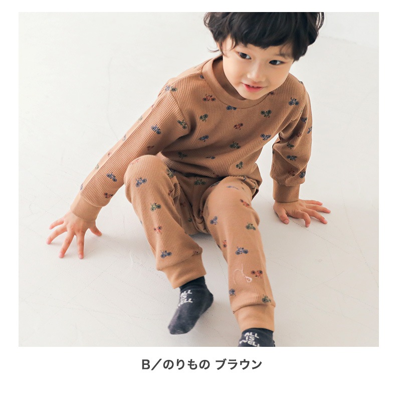 子供服 ワッフル ロンT 長袖 Tシャツ 恐竜 のりもの マロン 総柄 綿100% ( 80-130cm ) 【GrinLab】 定番 男の子 女の子 キッズ ベビー トップス サーマル ダイナソー リス 秋物 80cm 90cm 95cm 100cm 110cm 120cm 130cm