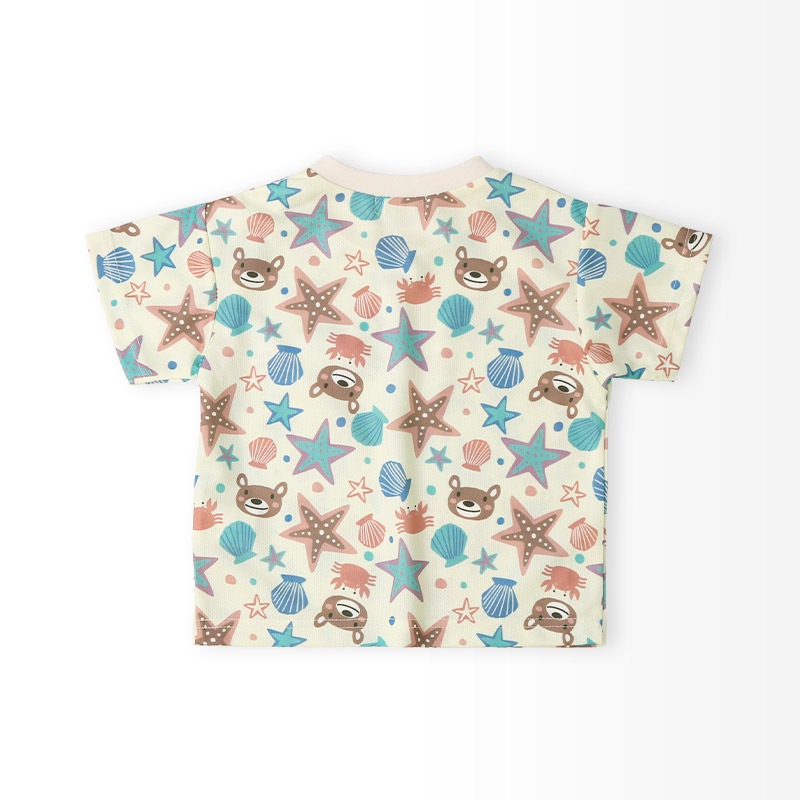 キッズ Tシャツ 半袖 ポケT 総柄 アニマル 動物 くま 男の子 女の子【ZOOMIC ズーミック】 ベビー トップス カットソー カニ ヒトデ 星 スター 肩ボタン 天竺 プリント バックプリント キャラクター 海 生き物 クマ グレー 子ども 80 90 95 100 110 120 130