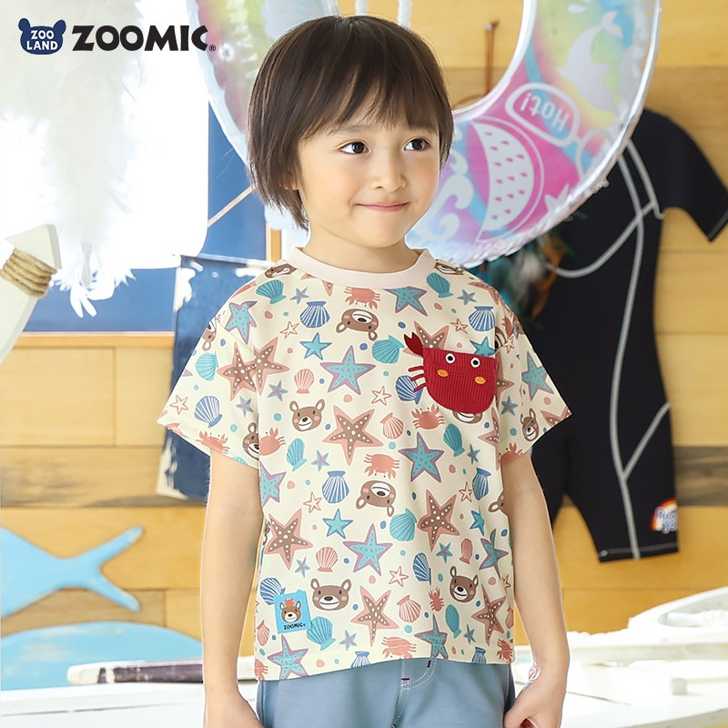 キッズ Tシャツ 半袖 ポケT 総柄 アニマル 動物 くま 男の子 女の子【ZOOMIC ズーミック】 ベビー トップス カットソー カニ ヒトデ 星 スター 肩ボタン 天竺 プリント バックプリント キャラクター 海 生き物 クマ グレー 子ども 80 90 95 100 110 120 130