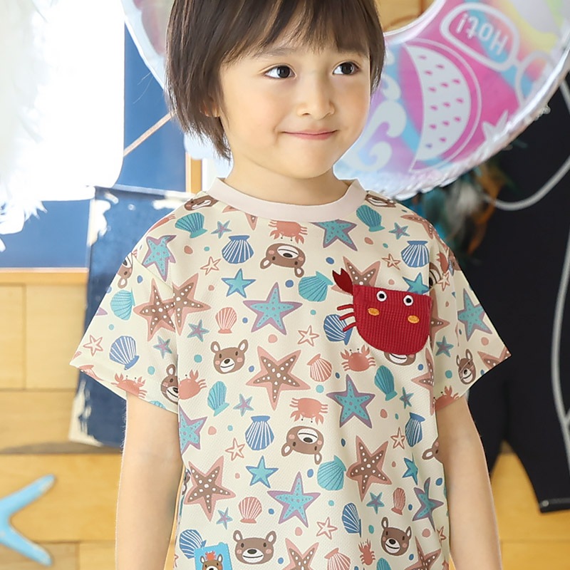 キッズ Tシャツ 半袖 ポケT 総柄 アニマル 動物 くま 男の子 女の子【ZOOMIC ズーミック】 ベビー トップス カットソー カニ ヒトデ 星 スター 肩ボタン 天竺 プリント バックプリント キャラクター 海 生き物 クマ グレー 子ども 80 90 95 100 110 120 130