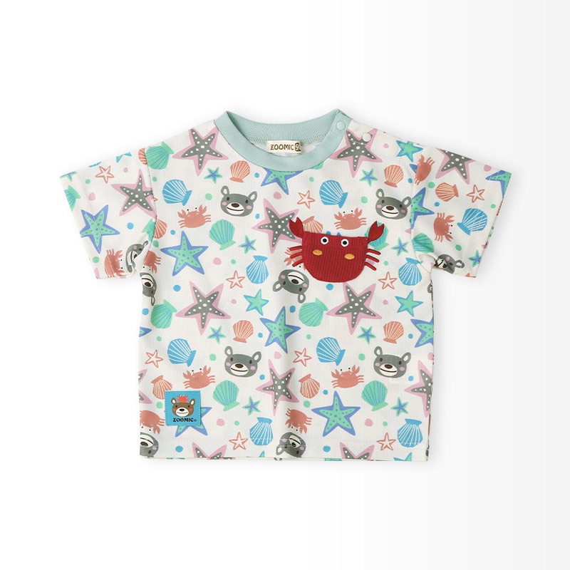 キッズ Tシャツ 半袖 ポケT 総柄 アニマル 動物 くま 男の子 女の子【ZOOMIC ズーミック】 ベビー トップス カットソー カニ ヒトデ 星 スター 肩ボタン 天竺 プリント バックプリント キャラクター 海 生き物 クマ グレー 子ども 80 90 95 100 110 120 130